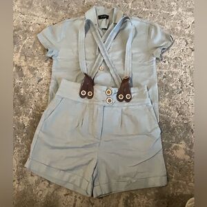Bamboo linen Light Blue Short Sleeve Romper with Suspenders